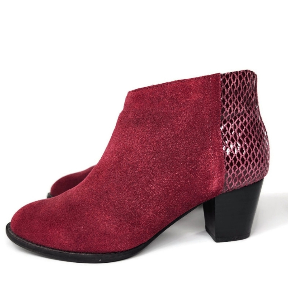Vionic Bromley Cabernet Red Suede & Textured Snake Print Block Heel Ankle Boots
